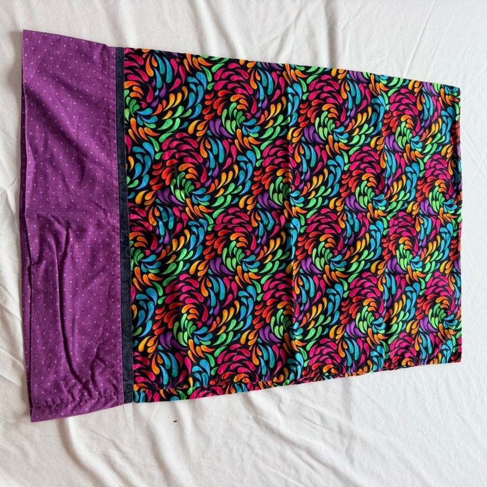 Handmade Psychedelic Rainbow Swirl Pillowcase Pair Purple Polka Dot Cuff 2pc